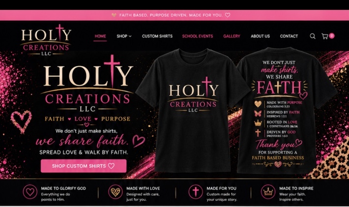 Holy Creations front and back faith-based shirt designs